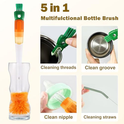 XYFuuee 5 Pack Bottle Brush Set, 5 in 1 Long Handle Water Bottle Cleaning Brush, 3 Straw Brushes for Stanley Yeti Owala, Travel Nipple Detail Cup Cleaner Washer Brush for Wine Lid Gap - color: Orange