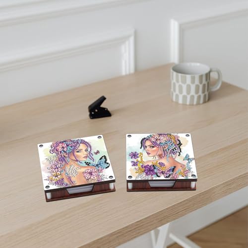 JISHSHAY 2 PCS Diamond Art Note Box Beautiful Woman Diamond Painting Note Pad Holder Gem Painting Gem Art Memo Boxes Mosaic Kits for Adults Embroidery Kit Memo Pad Holder, Contains 120 Sheets of Paper - color: Woman 1