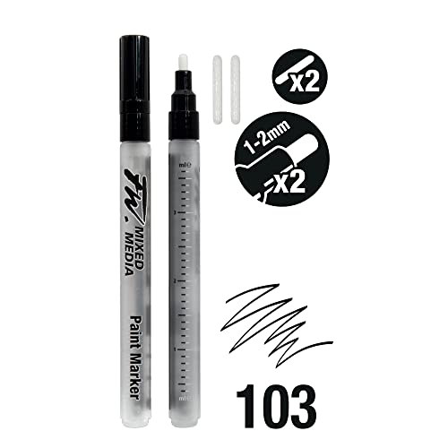 FW Mixed Media Paint Markers - Two Empty Markers with 1-2 mm Round Paint Marker Nibs - Empty Paint Pen 2-Pack with Extra Nibs for Liquid Media - Small Barrel Refillable Paint Pens for Bold Lines - style: 1-2MM Round, Marker