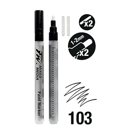 FW Mixed Media Paint Markers - Two Empty Markers with 1-2 mm Round Paint Marker Nibs - Empty Paint Pen 2-Pack with Extra Nibs for Liquid Media - Small Barrel Refillable Paint Pens for Bold Lines - style: 1-2MM Round, Marker