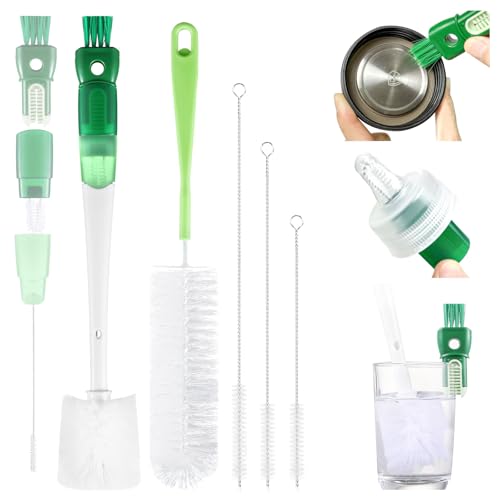 XYFuuee 5 Pack Bottle Brush Set, 5 in 1 Water Bottle Cleaning Brush, Long Handle Narrow Wine Cup Cleaner, 3 Straw Brushes for Stanley, Travel Nipple Lid Gap Detail Washer Brush - color: Green
