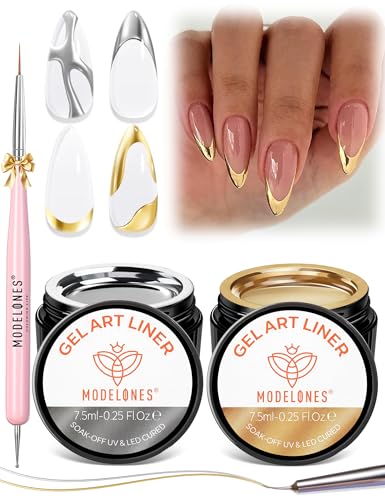 Modelones Gold Silver Gel Nail Polish Set, 3D Chrome Metallic Liner Gel with Fine Brush for French Tip Professional Detail Nail Art Mirror Effect False Nails DIY Soak Off Manicure Gift for Women - color: Gold and Silver, size: 15ML