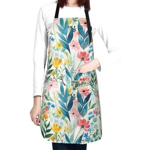 Fresh Meadow Floral Waterproof Apron with Pockets | Housework Aprons for Men Women Adjustable Bib Apron for Cooking Kitchen Baking BBQ Painting Garden Oil Resistant - color: Blush&sky Wildflowers