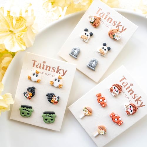 Tainsky Halloween Studs Polymer Clay Cutters, 22 Shapes Halloween Studs Clay Earrings Cutters for Clay Jewelry (C) - color: Studs-C