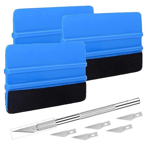 Durable Black Felt Edge Vinyl Squeegee Tool 4-Inch & Craft Knife (3-Pack) | Car Vinyl Film Wrapping Decal Window Tint Work, Professional Scratch Free Squeegee - color: Blue-2