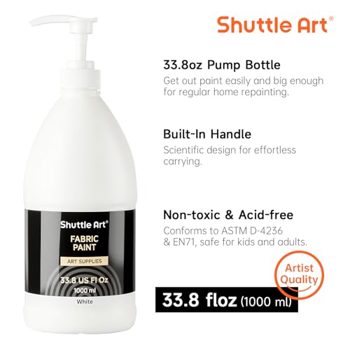 Shuttle Art White Fabric Paint, 33.8 oz(1000 ml) Large Bottle with Pump, Permanent Fabric Paint for Furniture, Sofa, Cushions, Clothes, Soft Non-Toxic Textile Paint for Color Changing, Renewal & Art Creations - color: White