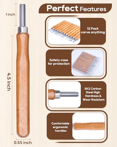 UCEC 12 Pack Linocut Wood Carving Tools Set Linoleum Hand Wood Carving Kit Whittling Knives V-Chisel Angled Gouge Half Round Woodcarving Tools Set Whittling Kit for Linocut Printmaking Supplies Gift - color: Wooden-12 Pack