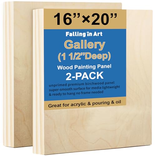 Falling in Art 2 Pack Unfinished Wooden Canvas Panels, 16x20 Gallery Birch Wood Panels Kit, 1 1/2" Deep Art Cradle Boards for Acrylic Painting, Pouring and Burning - size: 16*20 2 Pack