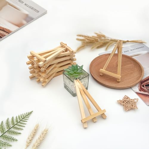 12-Pack 3.93×2.36in(L×W) Mini Wooden Display Easels, Small Natural Wood Tripod Stands for Photos, Cards, and Tiny Canvas Displays