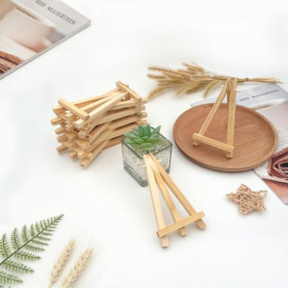 12-Pack 3.93×2.36in(L×W) Mini Wooden Display Easels, Small Natural Wood Tripod Stands for Photos, Cards, and Tiny Canvas Displays