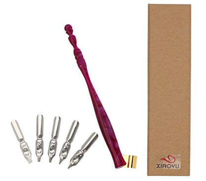 XIAOYU Calligraphy Oblique Nib Pen Holder, English Calligraphy Pen Nib Holder, Resin Dip Pen Handle Nib Holder with 5 Flat Nibs, Pruple and Red - color: Pruple & Red