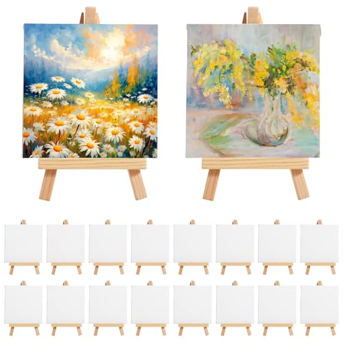 MotiMind 36 Pcs Mini Canvas and Easel Set for Painting, 4 x 4 Inch Canvas Panels with 6 Inch Wooden Easels for Oil Acrylic Painting Christmas Birthday Valentine's Mother's Day Art Crafts Party Favors - size: 4 x 4 Inch
