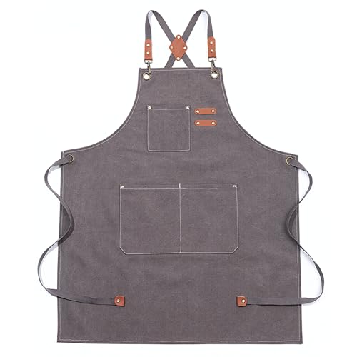 Multi-Pocket Waterproof Oil-Proof Canvas Cotton Apron Cross-Back Adjustable Straps For Chefs Barbers Carpenters - color: Gray