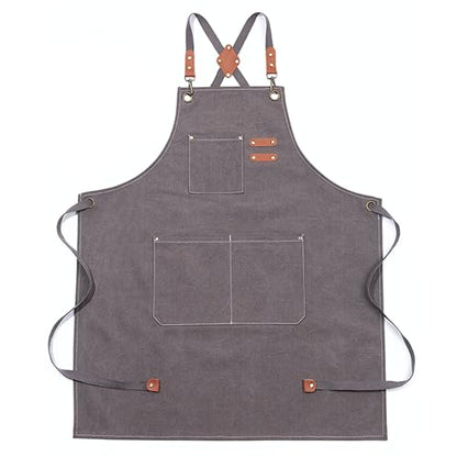 Multi-Pocket Waterproof Oil-Proof Canvas Cotton Apron Cross-Back Adjustable Straps For Chefs Barbers Carpenters - color: Gray