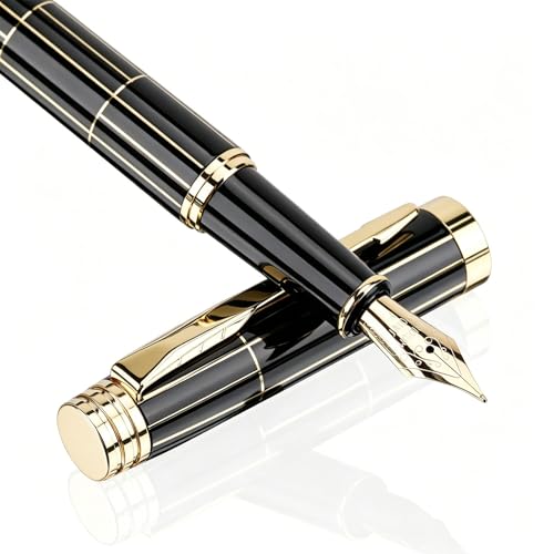 Tiankool Luxury Fountain Pen,Fine Nib, Exquisite Pen Gift Set for Men&Women-Includes 10 Ink Cartridges&Ink Converter- Nice Pens - Black - Gold Plaid - color: Black - Gold Plaid