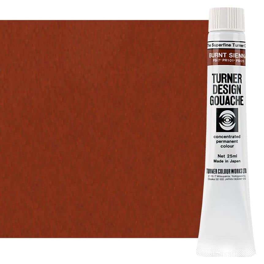 Turner Colour Works Design Gouache Concentrated Permanent Color - 25ml Tube, Burnt Sienna - Watercolor Paint, Made in Japan, Opaque Layering Abilities