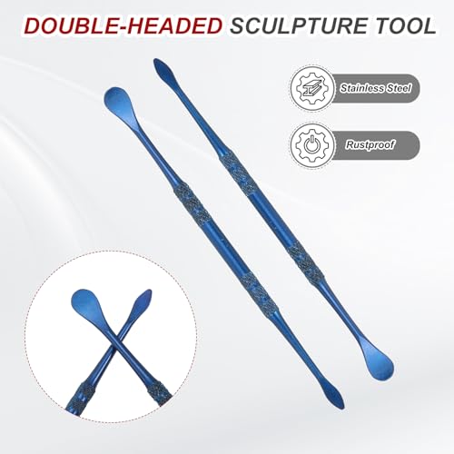 HARFINGTON 7pcs Wax Carving Tool 4.75" Double-Headed Stainless Steel Sculpture Tools Kit Modeling Engraving Sculpting Spoons for Clay Pottery Crafts Shaping, Navy Blue - color: Navy Blue