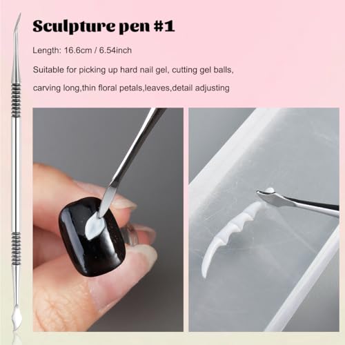 Fcozpjk Nail Art Sculpture Pen, 3PCS Double-head Stainless Steel 3D Gel Art Sculpting Pens Dotting Tools Acrylic Powder Flower Design Carving Modeling for Builder Gel Chrome Powder Applicator Manicure