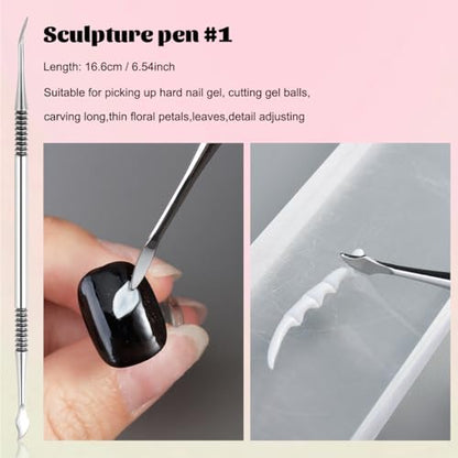 Fcozpjk Nail Art Sculpture Pen, 3PCS Double-head Stainless Steel 3D Gel Art Sculpting Pens Dotting Tools Acrylic Powder Flower Design Carving Modeling for Builder Gel Chrome Powder Applicator Manicure