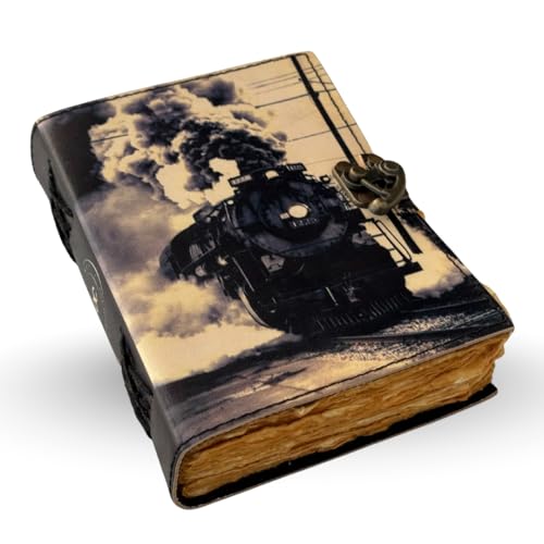 Oficart Handmade Leather Journal – Vintage Diary with Antique Lock & Eco-Friendly Cotton Paper | Celestial Notebook for Writing, Sketching, Travel, Art, Poetry, Spiritual & Gift Use (Steam Train) - color: Steam Train