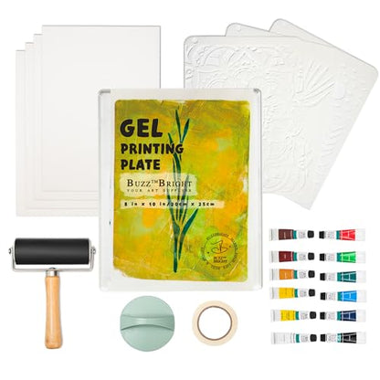 BuzzBright Gel Printing Plate kit, Complete Printmaking Set with 8”X10” Gelatin Plate, Brayer, Printmaking Paper, Acrylic Paint and Essential Tools for Mixed Media Art, Monoprinting, Card Making
