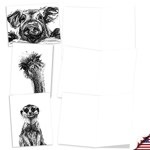 The Best Card Company - 10 Assorted Blank All Occasions Notecards Boxed Set 4 x 5.12 Inch with Envelopes (10 Designs, 1 Each) Boxed Assorted Kid Cards of Pets - CHARCOAL ANIMALS M2956OCB - style: Charcoal Animals