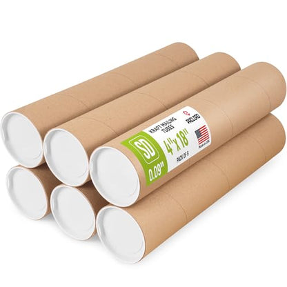 4" x 18" Reinforced Kraft Paper Mailing Tube, Pack of 6 Tubes with 12 Caps – Secure USPS Approved Poster Tube – Made in USA Cardboard Tube for Shipping and Storing Posters, Prints, Artwork - size: 4" x 18", style: Standard Duty