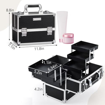 FRENESSA Makeup Train Case Makeup Case 11.8 Inch Large Cosmetic Box Organizer Travel Storage Professional Make Up Train Carrying Case with 6 Trays Locking Hard Vanity Storage Black - color: Black