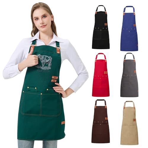 Personalized Waterproof Canvas Apron Custom Logo - Heavy Duty Cross Back 4 Pockets for Men Women Chef Barista - color: Green