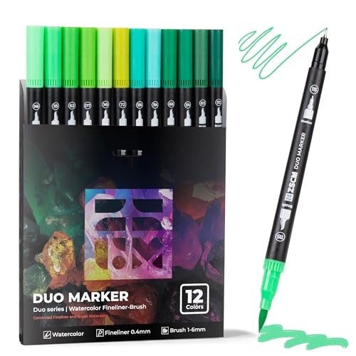 ZSCM Green Duo Tip Marker Pens, 12 Pack Fine & Brush Markers for Adult Coloring Books No Bleeding, Nature Green Markers for Foliage, Landscape Drawings, Botanical Illustrations and Eco Designs - color: 12 Green