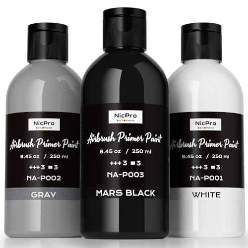 Nicpro Black, Gray, White Surface Primer Airbrush Paint (8.4oz, 250 ml), Matte Finish, Ready To Spray Air Brush Acrylic Primer for Beginners & Artists Priming Plastic Models, Miniature Figures, Craft - color: 3 Colors, size: 8.45 Fl Oz (Pack of 1)