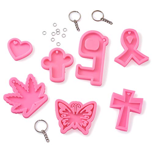 Craftdady 7pcs Key Chain Pendant Silicone Molds Maple Leaf Butterfly Ribbon Heart Cross Cactus Resin Casting Molds with Key Rings Jump Rings for Keychain Jewelry Craft Making - color: Pink