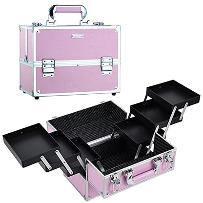 Frenessa Makeup Train Case Large Portable Cosmetic Case - 6 Tier Trays Professional Makeup Storage Organizer Box Make Up Carrier with Lockable keys - Pink - color: Pink