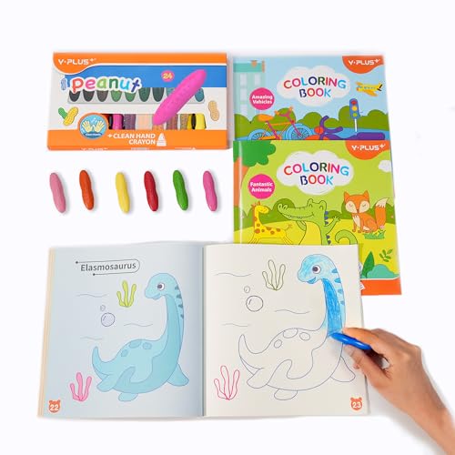 YPLUS Coloring Set for Kids with 24 Crayons 3 Coloring Books, Toddler Painting Kit Peanut Crayon Drawing Books, Washbale Non Toxic Art Craft Supplies for 1-3, 2-4, 4-6 - style: 24 Colors Crayons with 3 Coloring Books