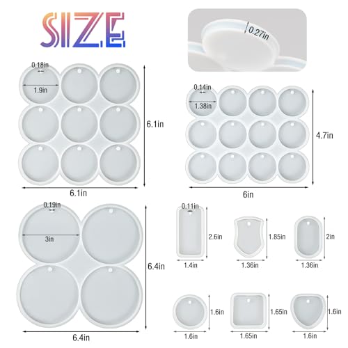 YODOYO 31-Cavity Silicone Resin Mold Set, Flat Circle, Square and Oval Keychain Molds, Round Earring with Hole and Jewelry Casting Molds for Epoxy Resin, DIY Pendant, Necklace, Pet Tag Mould