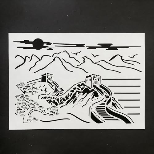 TIAMECH A4 Reusable Chinese Great Wall Landscape Stencil for Painting | Oriental Mountain Layering Template, DIY Wall Art, Wood Furniture, Scrapbook & Crafts (8.3x11.7inch) - style: Chinese Great Wall Landscape