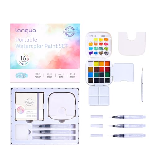 Mini Watercolor Paint Set 16 Colors, Pocket Travel Art Kit with Watercolor Paint, Water Brush Pens, Palette, Watercolor Book, Sponge, Bottle, for Artists, Beginner Art Supplies - Classic Color - color: Classic Color