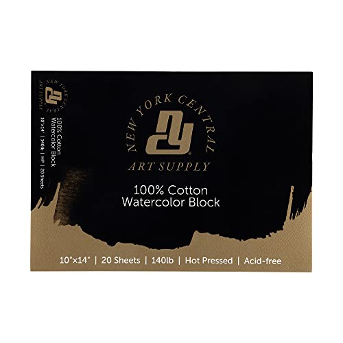 New York Central Watercolor Paper Block - 10x14" - 20 Sheets, 140 lb. Hot Press - 100% Cotton, Acid-Free, Archival Quality, Bright White Watercolor Paper Pad for Wet & Dry Media - size: 10x14"
