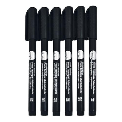 Daler Rowney Simply Fineliners Set, 6 Assorted Sizes, Black, Drawing, Illustration, Optimal for Entry-Level Artists & Hobbyists
