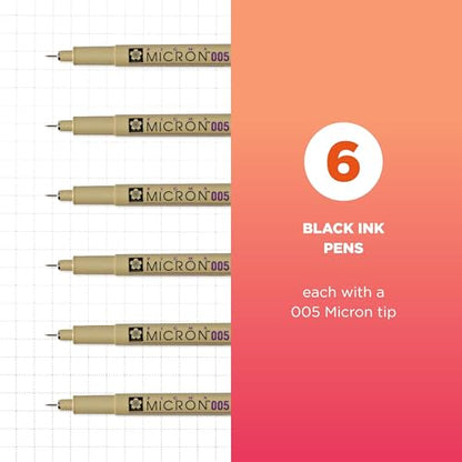 SAKURA Pigma Micron Fineliner Pens, 005 Tip Size, Archival Black Ink, 6PK 50034 - style: 005 Tip