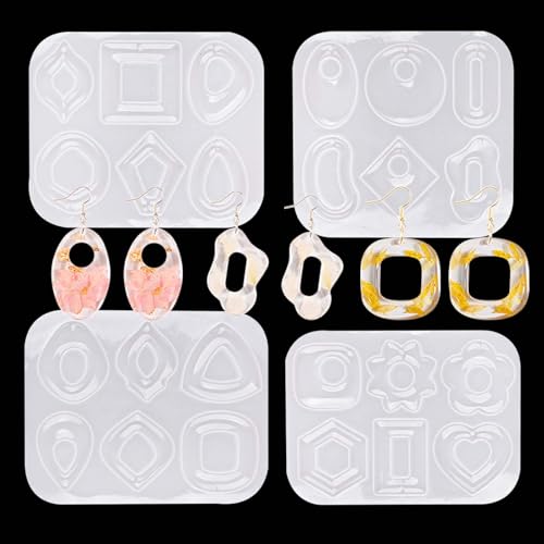 Earring Silicone Molds, 4 Packs Jewelry Resin Pendant Molds with Hole for DIY Fashion Epoxy Resin Geometry Necklace Earring Keychain for Women