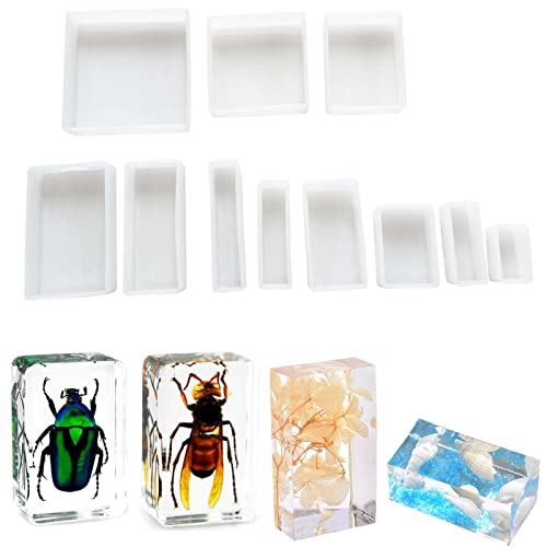 11Pcs Cube Molds for Resin Hexahedron Crystal Polyhedral Mold Square Rectangular Molds Silicone Cube Casting Molds for Insect Plant Specimen Candle Wax, Soap Display Tray Molds Kit 11 Sizes