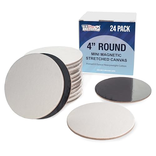 U.S. Art Supply Mini Magnetic Canvas Panels, 24 Pack, 4 Inch Round, Primed 8 Ounce Heavyweight Cotton, Small Canvases for Painting Acrylic and Watercolor, White Square Flat Canvas Boards - size: 4"