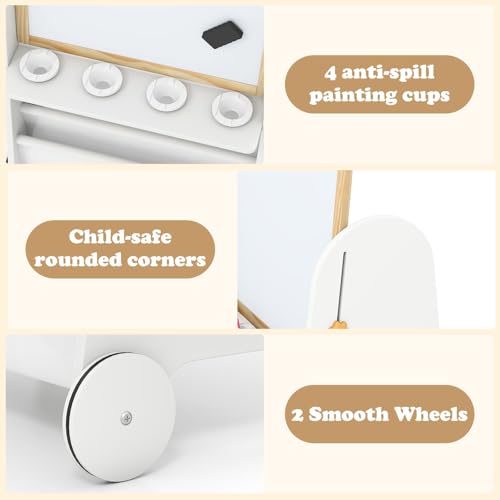 INFANS Easel for Kids with Stool, 4-in-1 Double-Sided Adjustable Magnetic Chalkboard with Paper Roll, Bookshelves, Wheels, Wooden Standing Painting Drawing Art Board for Boys Girls - style: White