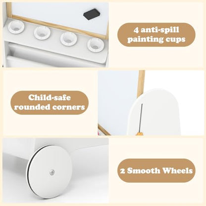 INFANS Easel for Kids with Stool, 4-in-1 Double-Sided Adjustable Magnetic Chalkboard with Paper Roll, Bookshelves, Wheels, Wooden Standing Painting Drawing Art Board for Boys Girls - style: White