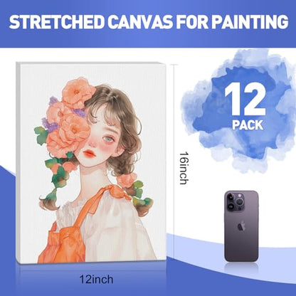 FUMILE 12x16 Canvas for Painting Stretched, 12 Pack Canvases for Painting-5/8 in Profile Primed White Blank Painting Canvas Value Pack for Oil & Acrylic Paint - size: 12x16IN