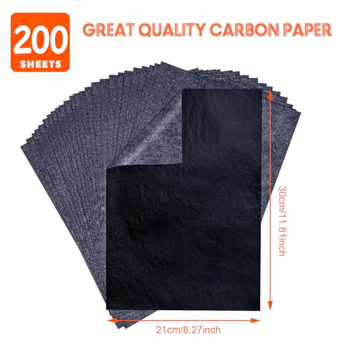 PSLER 200 Sheets Carbon Paper Sheets, Carbon Transfer Paper for DIY Woodworking, Paper, Canvas and Other Art Craft Surfaces (Black, A4 (200 Sheet)) - size: A4 (200 Sheet with 3PCS Embossing Stylus)