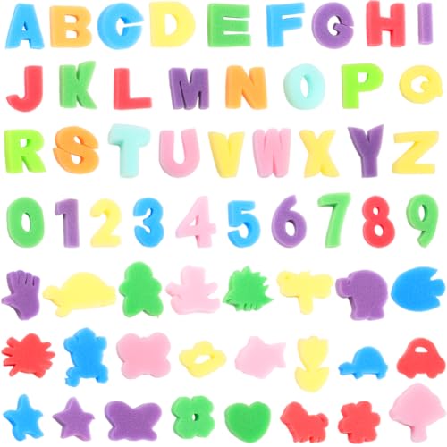 60Pcs Letter Sponge Stamps Paint Sponge Kit Assorted Colorful Alphabet Number Small Mixed Shaped Drawing Foam Craft Stamp for DIY Art Crafts Learning Models Activities Brushes Tool Decoration - style: Mixed Shape 1