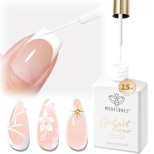 modelones White French Tip Liner Gel Polish, 15 ML Classic Color Nail Art Paint Swirl with Upgraded Fine Line Brush Soak Off U V DIY Home Salon Professional Manicure Design Gift for Women - color: White Liner