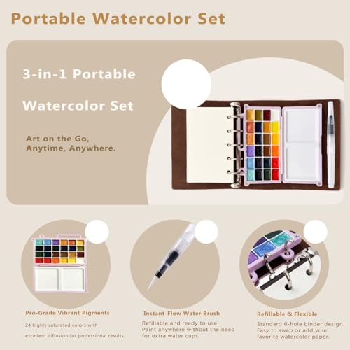 DarkWish Premium Mini Travel Watercolor Sketchbook Set - 24 Colors & Water Brush, PU Leather Urban Sketching Pocket Art Pad with 300gsm Black/White Paper, Plein Air Gift for Adults (Pink) - color: Pink